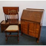 A set of five oak dining chairs blanket box small drop leaf table and bureau.