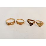 Four hallmarked 9ct yellow gold rings, a wishbone, initialed 'GS', J, heart style