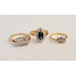 A marked 18ct PLAT three stone diamond ring, ring size K, a yellow metal gem set cluster ring,