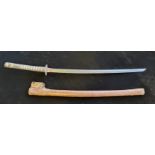 A Katana Samurai sword with a cast iron Tsuba signed to Nakago, part lacquered scabbard with a WW2