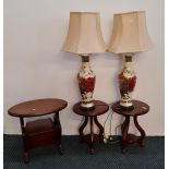 A pair of table lamps with shades magazine table and a pair of matching tables.