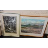 A framed charcoal study of a back garden with house by Dorothy Cross and a framed pastel landscape
