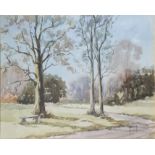 Two watercolours on paper one Roses signed M.Knight, and one park scene with bench.