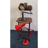 A industrial machinist stool and two Herbert Terry Anglepoise lamps.