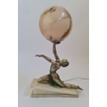 An art deco cold painted spelter table lamp base of a lady holding glass ball.