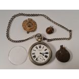 A pocket watch H. White & Co. Ltd 3453E, with Albert chain, ( glass detached) a Trench art lighter