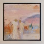 An oil on canvas of two figures by Tessa Peskett entitled I loved you in the Morning. Signed with