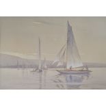 Tom Campbell watercolour on paper sailing boats near town. 51 cm 36 cm.