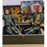A 1960s Action man green wooden box containing two Action man figures guns kit and a Action man