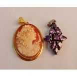 A stamped 750 cameo brooch and a purple gem stone brooch in floral design