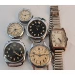 Five various watch mechanisms and a wristwatch on bracelet strap all A/F