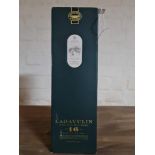 A boxed bottle of Lagavulin sixteen year old single malt whisky