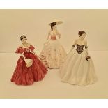 Three Royal Worcester figures The Queen Mother, Catherine, and The Garden Party.