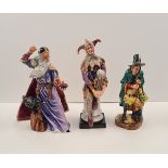 Three Royal Doulton figures The Jester, The Mask Seller, and The Sorcerer.