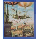 A framed limited edition no 9 of 50 comical print depicting in a hot air balloon floating above a