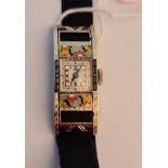 An enamelled cocktail wristwatch, assessed as 18ct gold