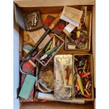 A box containing a quantity of fishing lures, gaff Hardy and Allcock line etc.