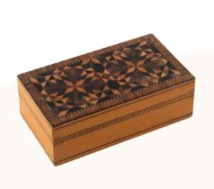 A small format Tunbridge ware sewing box, of rectangular form, the whitewood sides with black line