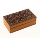 A small format Tunbridge ware sewing box, of rectangular form, the whitewood sides with black line