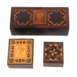 Three Tunbridge ware stamp boxes, comprising a rosewood example the top with 'Postage Stamps QV'