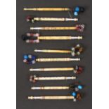 Ten spot inscribed bone lace bobbins, Ann x 2 / Lydia x 2 / Hannah / Eliza / Charlot / Lucy / Elenor