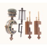 Four sewing clamps, comprising a box wood pair with bone mounts, one lacking ball finial, 12cms, a