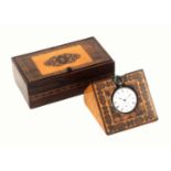 Tunbridge ware - two pieces, comprising a burr maple slanting form watch stand, the circular