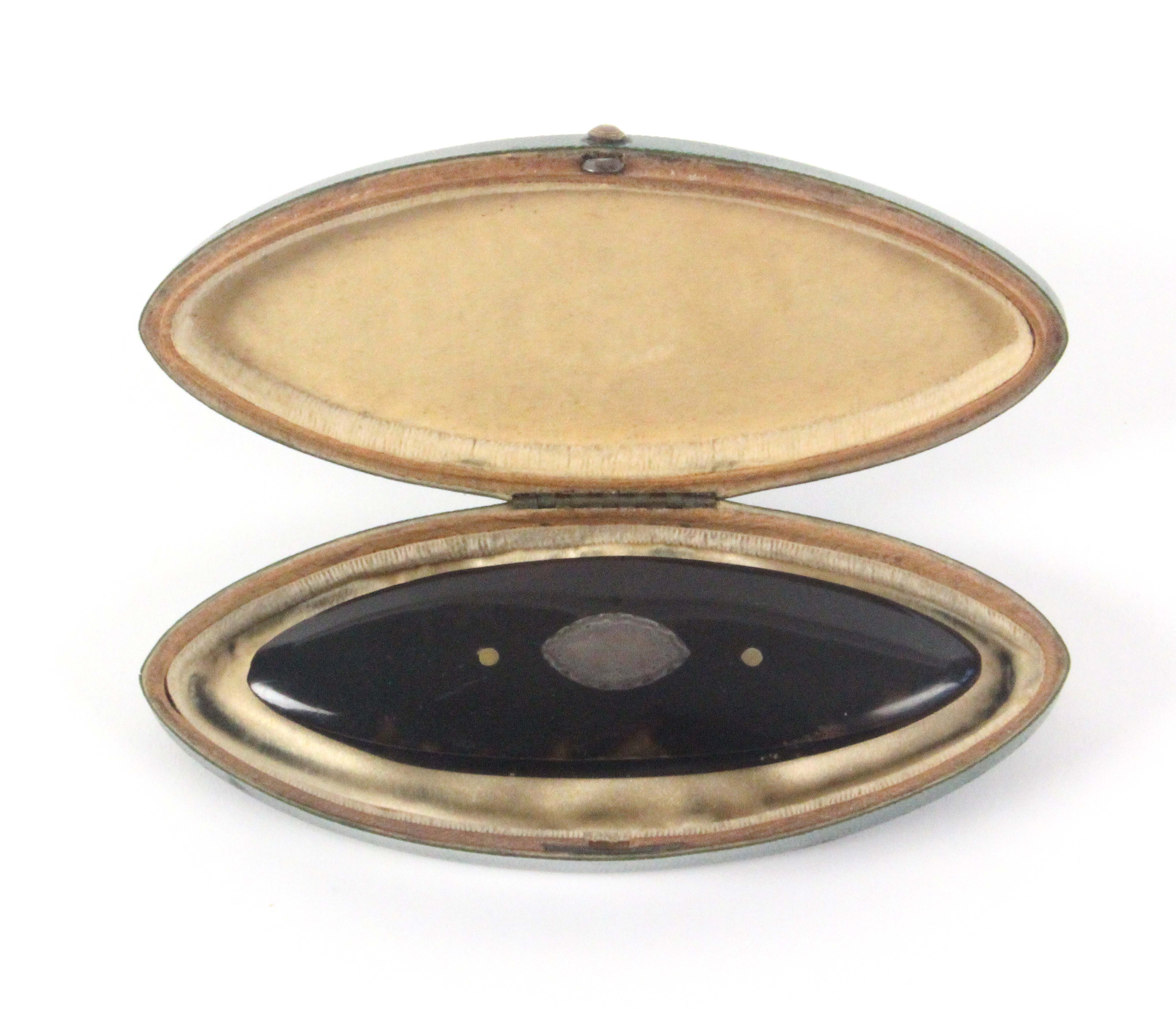 A rare 18th Century shagreen shuttle case containing a tortoiseshell and silver inlaid shuttle,