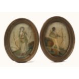A pair of late 18th Century silk embroidered oval pictures of a gentleman and lady archer in rural