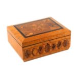 A rare Robert Russell Tunbridge Wells Marquetry birds eye maple sewing box, of sarcophagol form, the