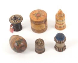 Four painted Tunbridge type pieces and two Tunbridge ware pieces, comprising a cylinder turned box