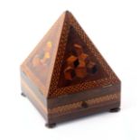 A rare rosewood Tunbridge ware sewing box in the form of a pyramid, the box based raised on four bun