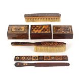 Tunbridge ware - seven pieces, comprising three rectangular rosewood boxes, one with pin hinge lid