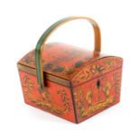 An attractive Chinoiserie decorated white wood sewing pannier, probably early Tunbridge ware, the