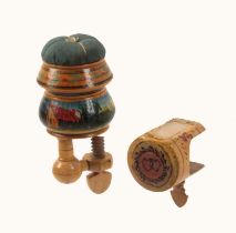 Two early painted Tunbridge ware whitewood sewing clamps, comprising a turned frame example to a
