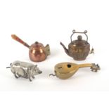 Four metal novelty tape measures, comprising a copper saucepan with agate handle, a mandolin, a