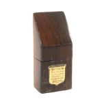 An oak souvenir slant top needle packet box, of rectangular section, the front with engraved brass