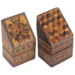 Two larger format Tunbridge ware slant top needle packet boxes, comprising a rosewood example the