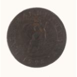 A copper lace token dated 1795, one side with a woman below a tree lace making within a border 'Lace