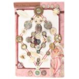 A display of forty five mother of pearl and abalone shell buttons, including a good pair of floral