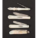 Three silver bladed fruit knives with mother of pearl scales and another, comprising an example