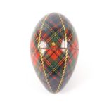 A Tartan ware (Albert) egg form thimble case, the interior with two division reel centred by a