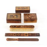 Tunbridge ware - six pieces, comprising three rectangular boxes, one with cube work pin hinge lid,