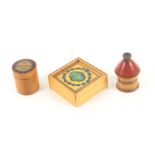 Three early Tunbridge ware small boxes, comprising a turned and painted cottage form thimble box,