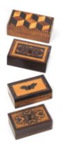 Four small Tunbridge ware rectangular boxes, comprising three with inset lids one with a mosaic