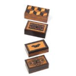 Four small Tunbridge ware rectangular boxes, comprising three with inset lids one with a mosaic