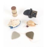 A mixed lot - sewing, comprising a cardboard cylinder containing a waxer, 4.6cms, two heart shaped