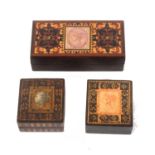 Three Tunbridge ware stamp boxes, comprising a rosewood example with 'Postage Stamps QV' label in