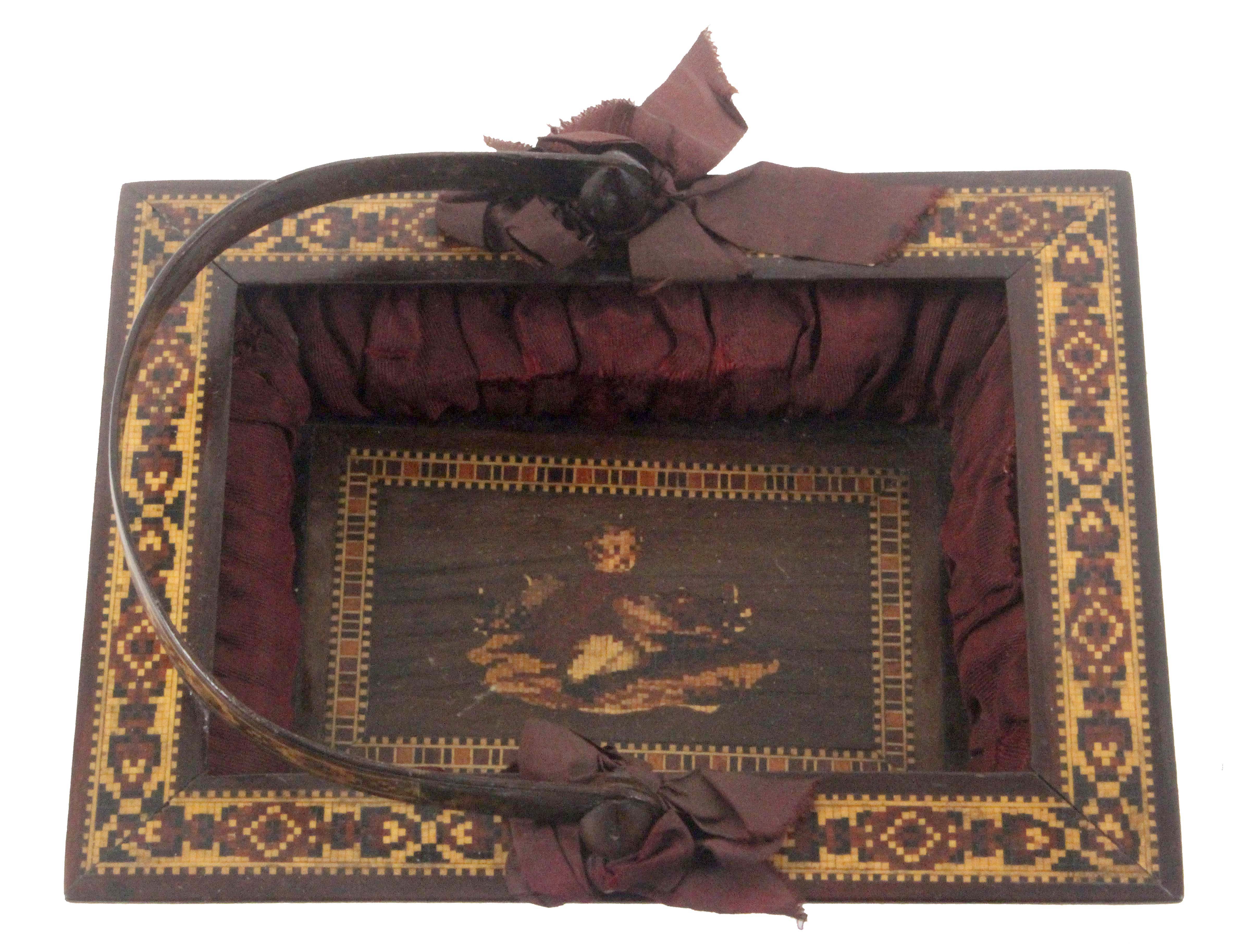 A Tunbridge ware pleated silk sewing basket, of rectangular form, the base panel inset with a mosaic - Image 2 of 2