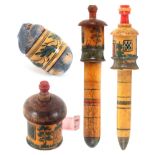 Four early painted Tunbridge ware sewing accessories, comprising a cylinder form cottage tape